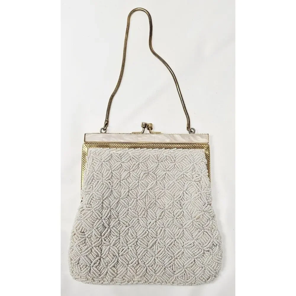 Vtg Walborg Micro Beaded Evening Bag w/Kiss Lock, Mother Of Pearl Trim HongKong
